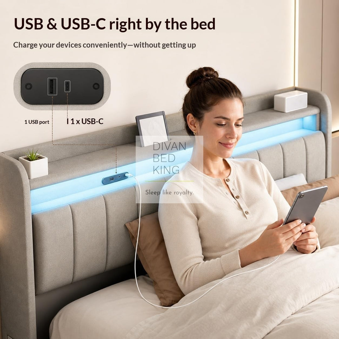 Kairi LED Grey Velvet Ottoman Storage Smart Bed with USB Type C Charging Station on Headboard Storage Shelf