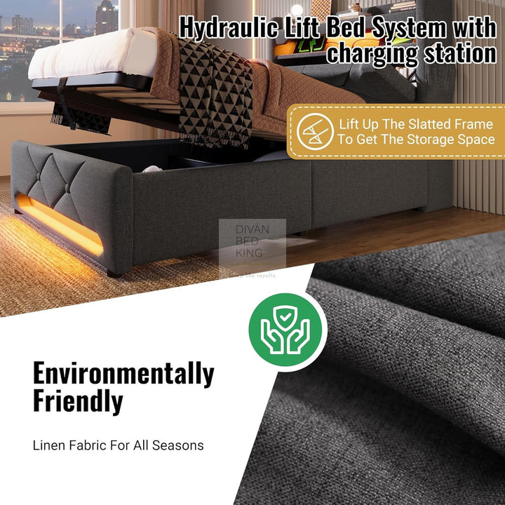 Rylie Grey Linen Wingback Ottoman Storage Smart Bed with Type C, USB & Wireless Charging Headboard Shelves