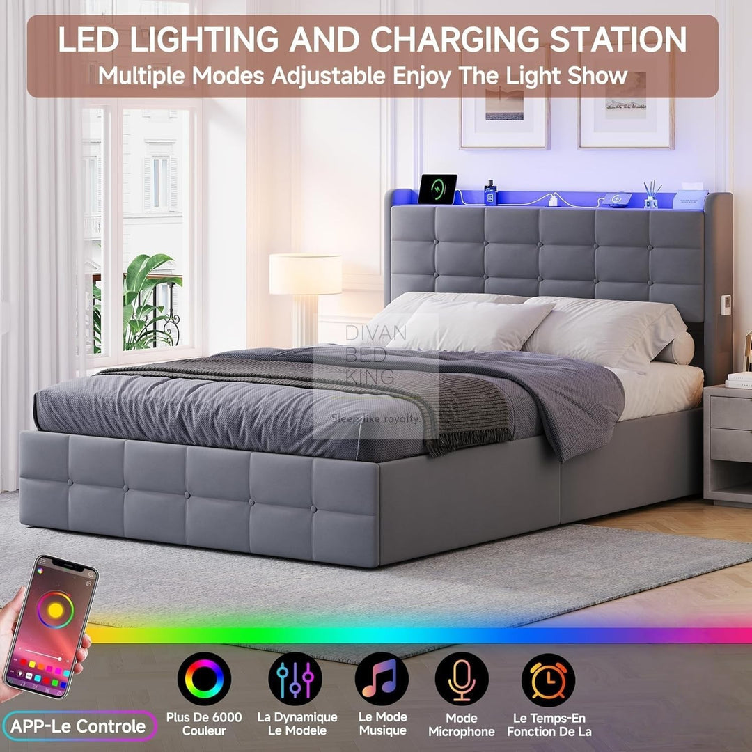 Vicente 4 Drawer Soft Grey Velvet Bed with LED Lights, Type C and USB Charging Adjustable Headboard Shelf