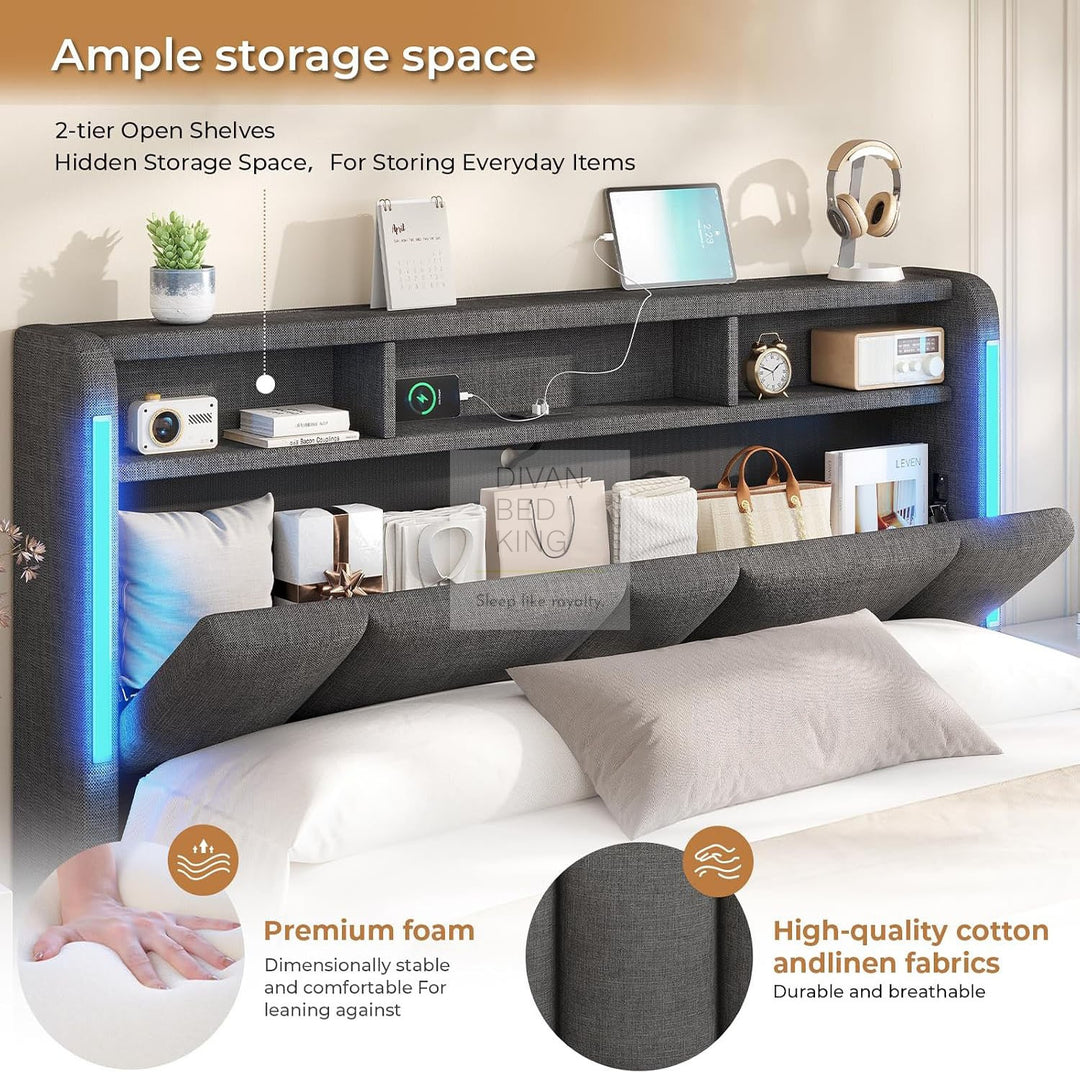 Castellano Grey Linen Ottoman Storage Bed with LED Lights, Type C and USB Charging Headboard Storage Shelf