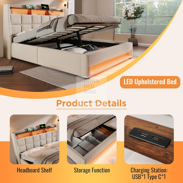 Solana Beige Linen Ottoman Storage Smart Bed with Type C, USB & Wireless Charging Headboard Shelves
