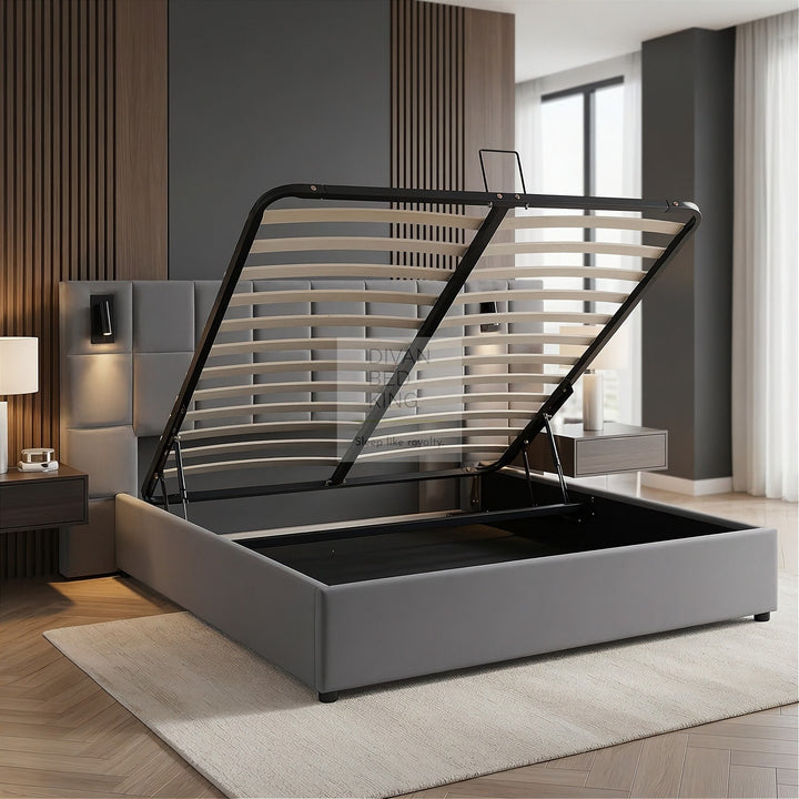 Avernus Oversized Headboard Grey Ottoman Storage Bed Frame with Integrated Lighting & USB Charging