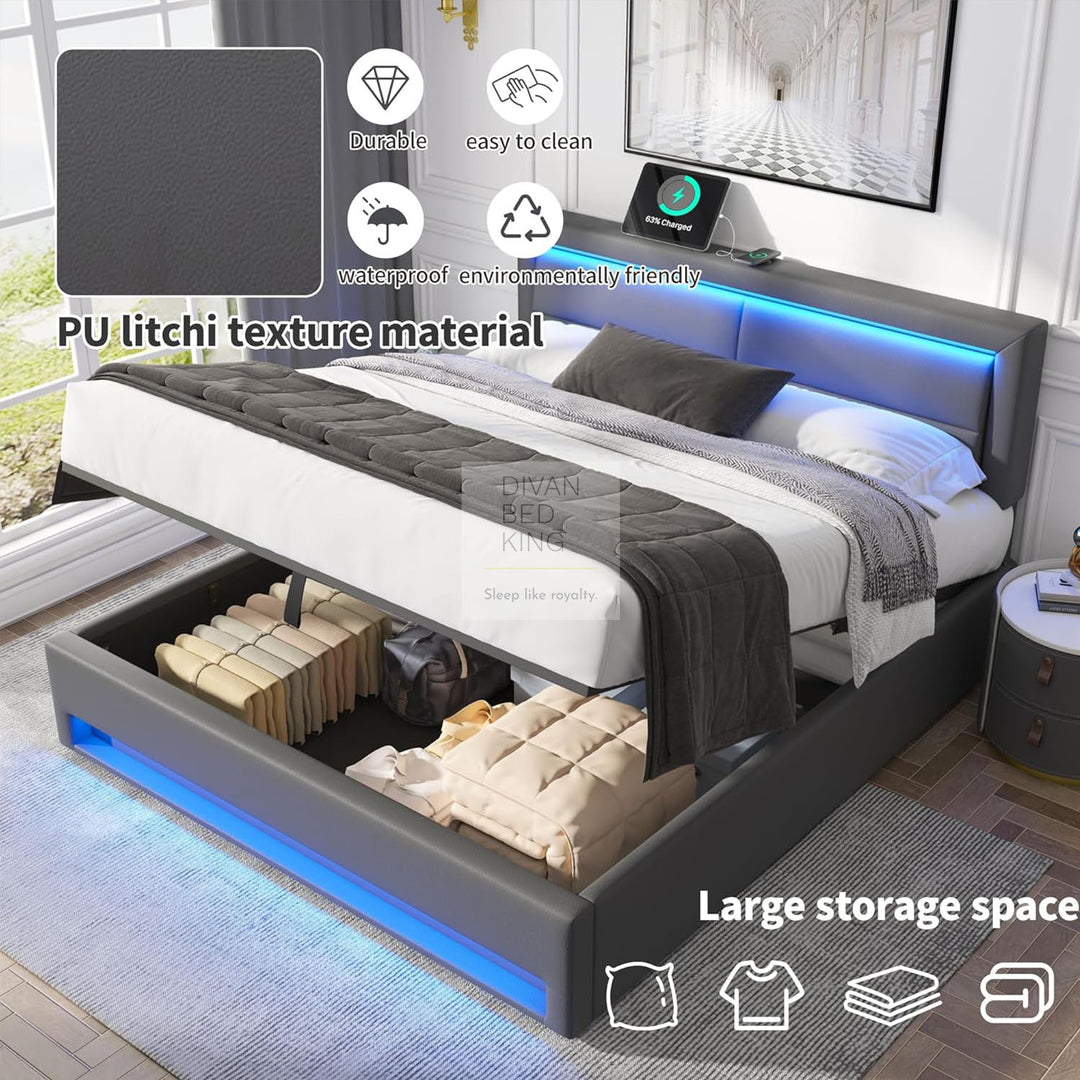 Iris Grey Leather Smart Ottoman Bed with LED Lighting, Type C, USB and Wireless Charging