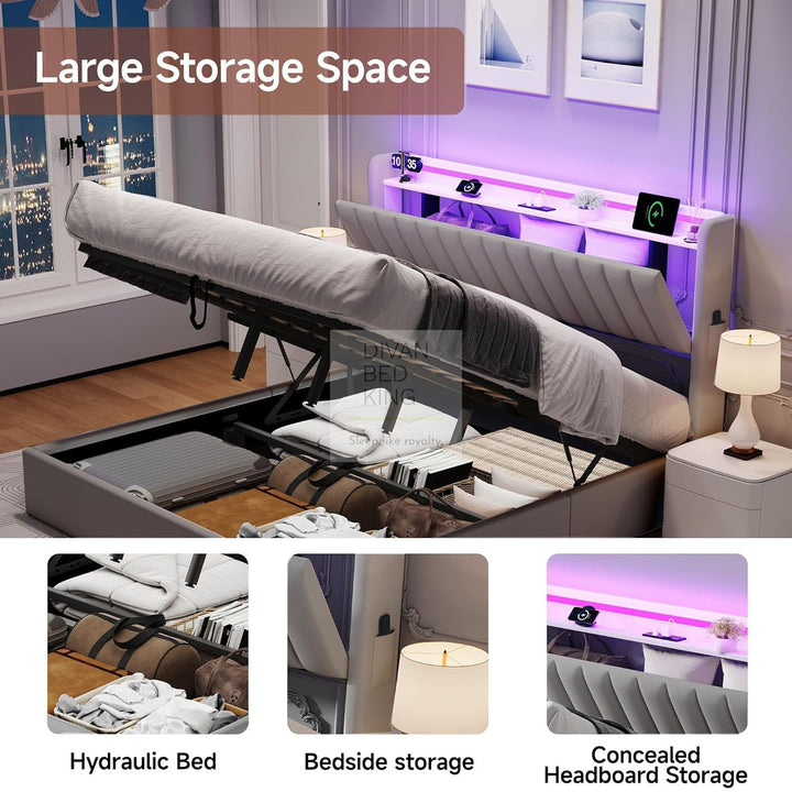 Mauricio Grey Leather Ottoman Smart Bed with LED Headboard Storage Charging Station, Socket, USB and Type C Port