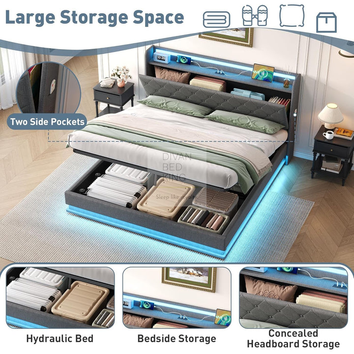 Castello Grey Linen Ottoman Storage Bed with LED Lights, Type C and USB Charging Headboard Storage Shelf