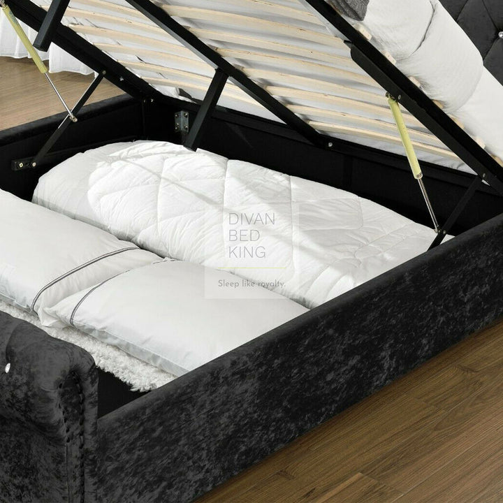 Avernus Crushed Velvet Ottoman Sleigh Bed Frame