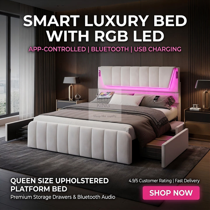 Kamari 4 Drawer Storage Beige Plush Velvet Smart Bed with with LED Lights, USB and Type-C Charging