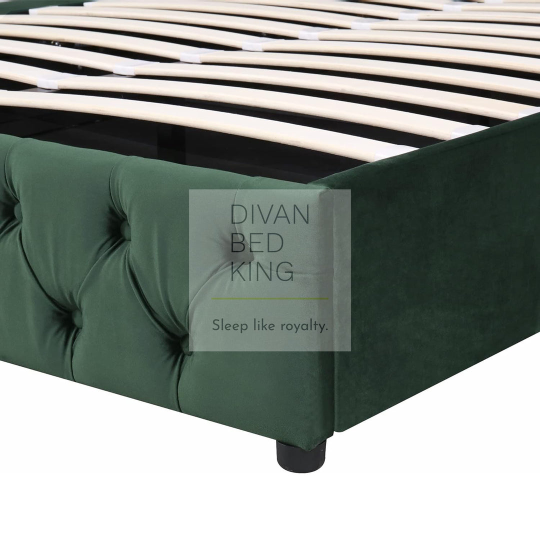 Harlow Green Plush Velvet Wingback Ottoman Storage Bed Frame