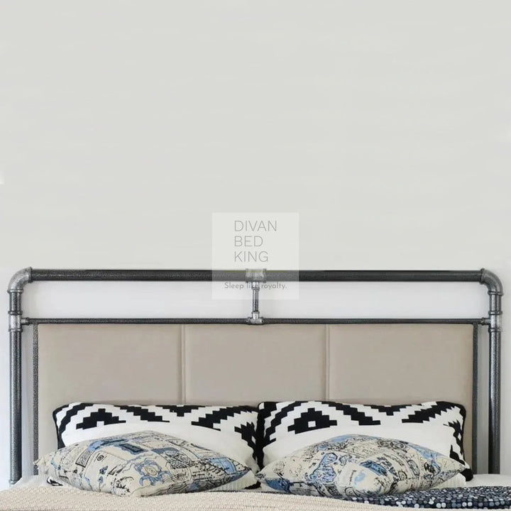 Majesty Grey Scaffold Industrial Metal Bed Frame with Padded Beige Headboard