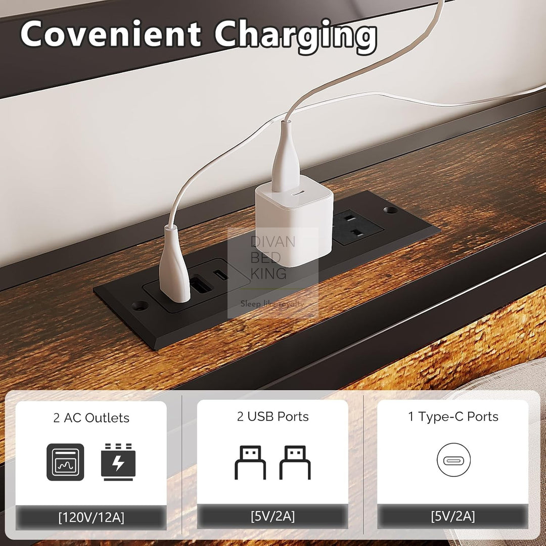 Henry Metal Wooden Hybrid Brown Bed with 4 Drawers with Headboard, LED Reading Lights, Sockets, USB, Type C Charging