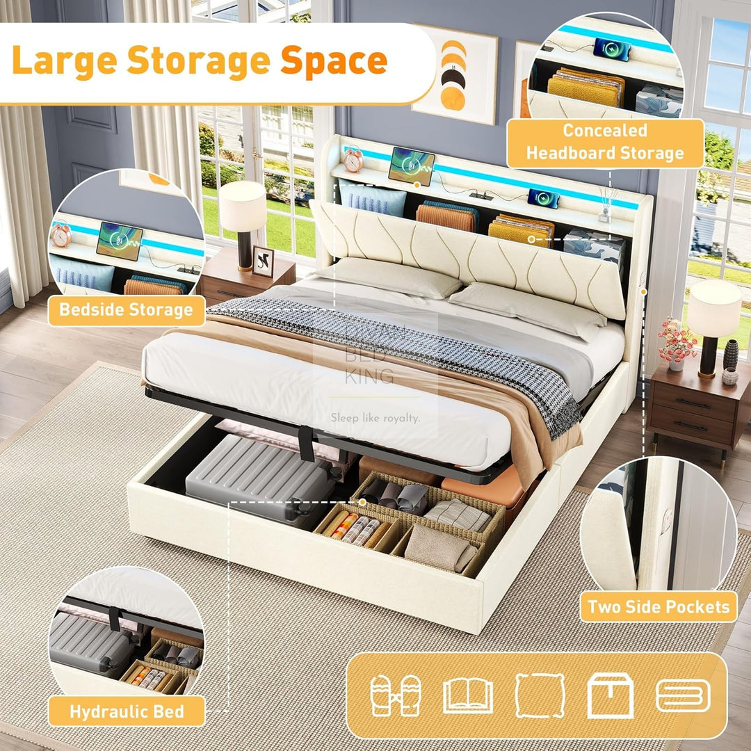 Naya Beige Linen Ottoman Storage Bed with LED Lights, Type C and USB Charging Headboard Storage Shelf