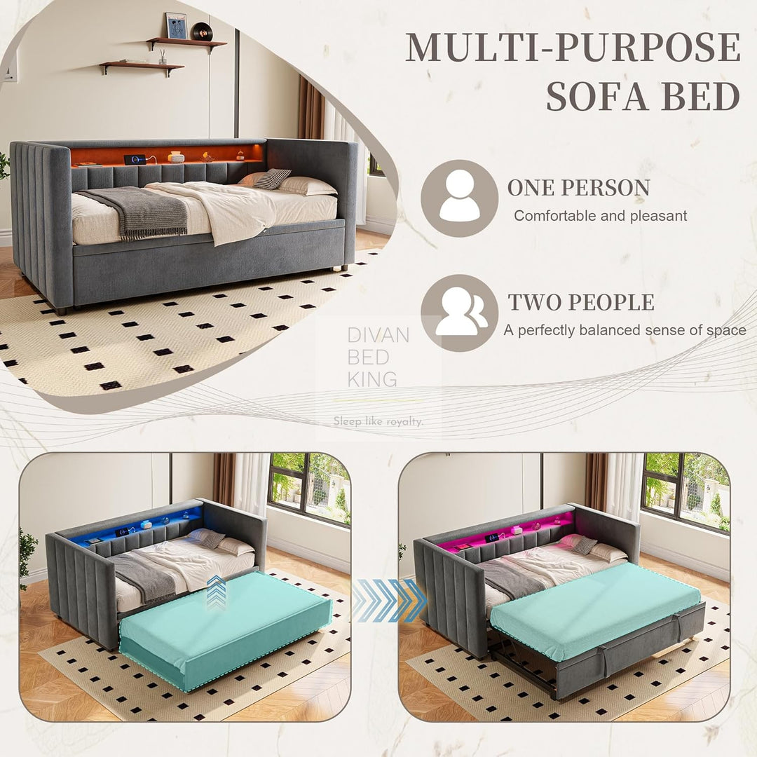 Adalynn Grey Plush Velvet Smart Sofa Bed Daybed with Bluetooth LED Lights, Storage, Shelves, USB & Type C Charging & Trundle