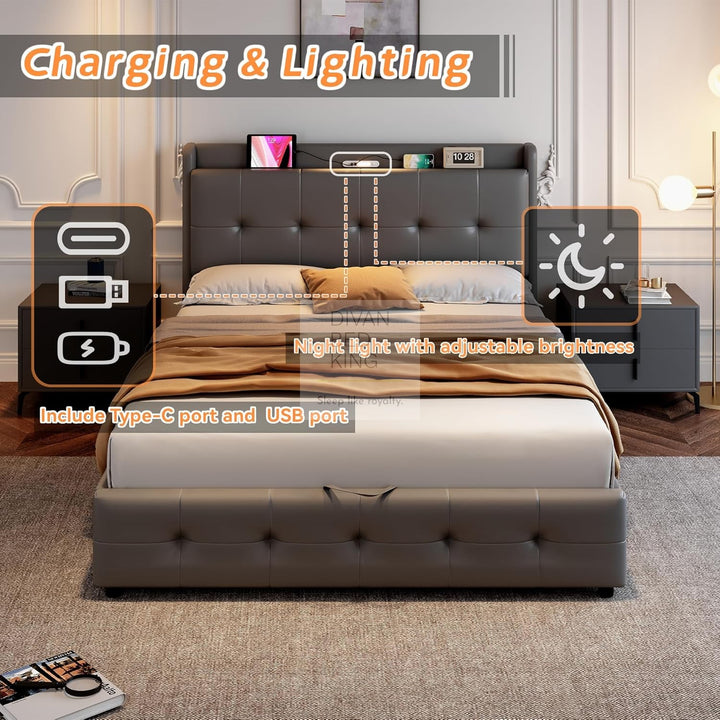 Serafina Grey Leather Ottoman Bed with Headboard Storage + USB + Type C Charging