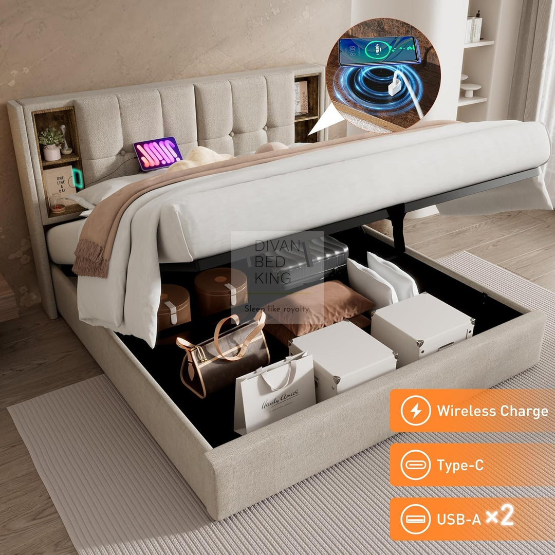 Guevara Beige Cream Linen Ottoman Storage Bed with Type C, USB & Wireless Charging Headboard Shelves