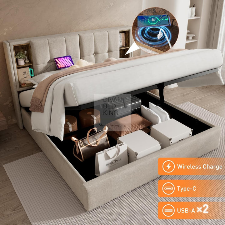 Guevara Beige Cream Linen Ottoman Storage Bed with Type C, USB & Wireless Charging Headboard Shelves