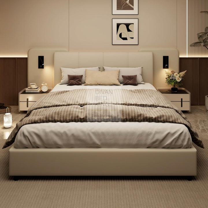 Monteleone Oversized Headboard White Leather Bed Frame with Integrated Lighting & USB Charging