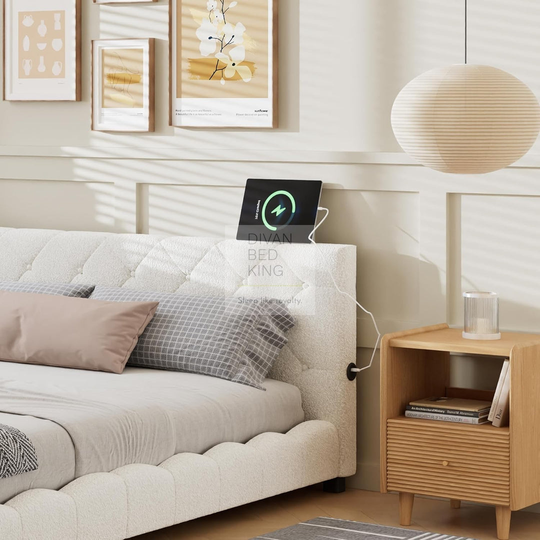 Imani Soft Boucle Beige Fabric Low Smart Sofa Bed with USB & Type C Charging Station