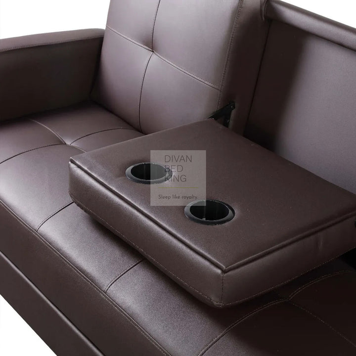 Salazar Brown Leather 3 Seater Sofa Bed with Cup Holders, Armrest and Side Storage Pockets