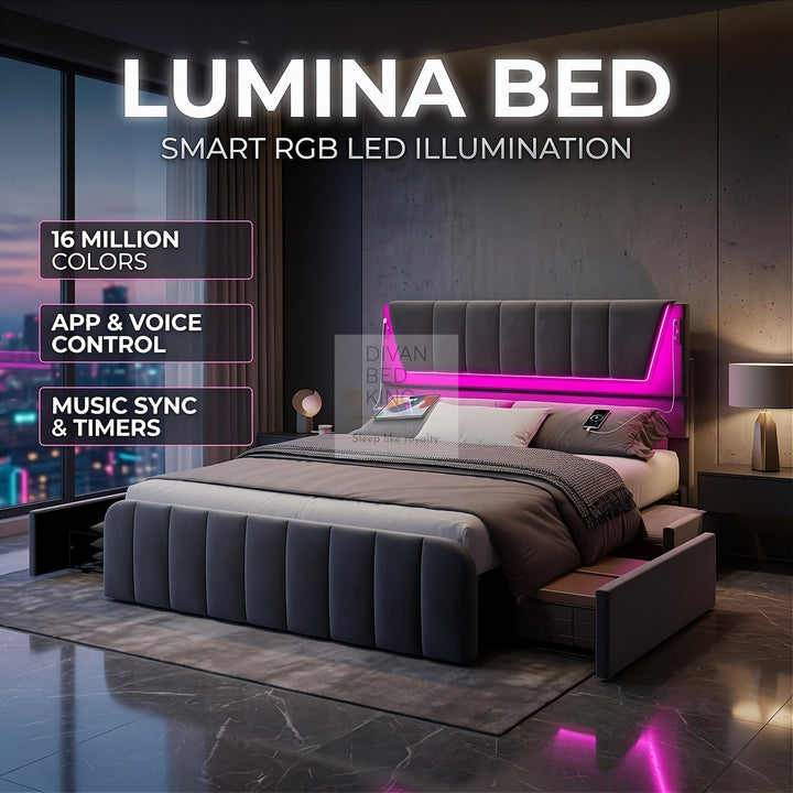 Kamari 4 Drawer Storage Grey Plush Velvet Smart Bed with with LED Lights, USB and Type-C Charging