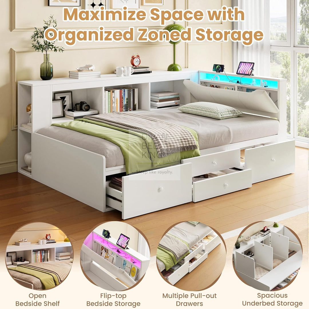 Hartman White Wooden Smart Day Bed with LED Lights, Type C and USB Charging Linen Headboard Storage Shelf