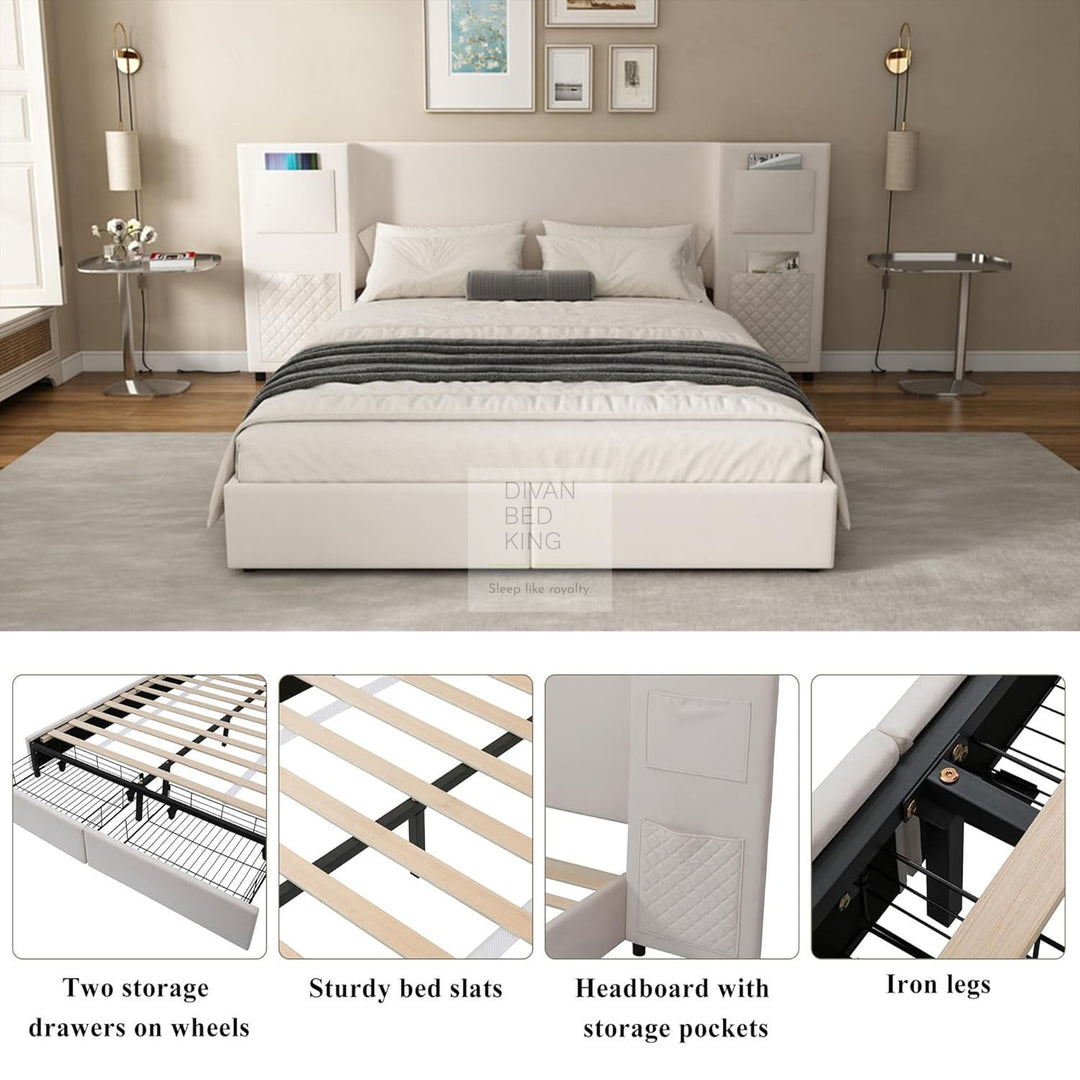 Avalos Oversized Headboard Beige Soft Cotton Flannel Storage Bed Frame with 2 Drawers