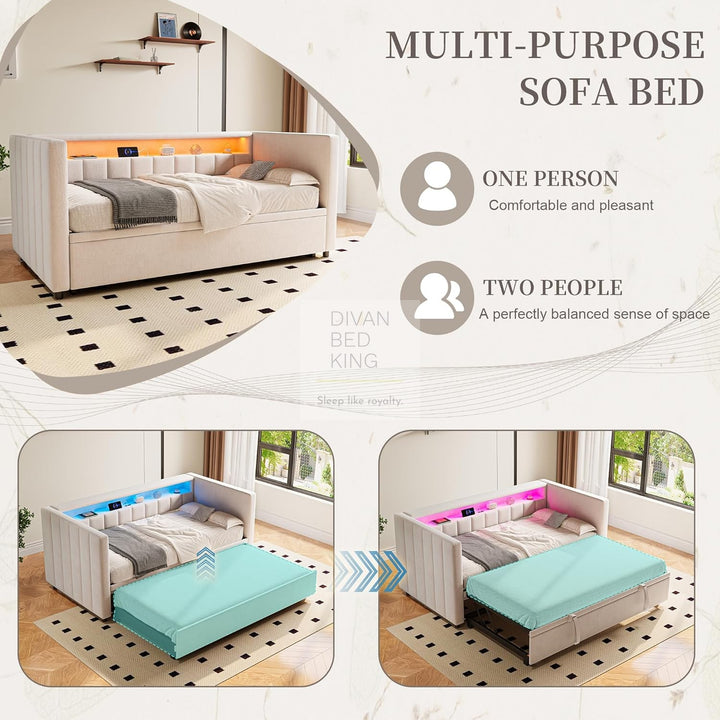 Adalynn Beige Plush Velvet Smart Sofa Bed Daybed with Bluetooth LED Lights, Storage, Shelves, USB & Type C Charging & Trundle