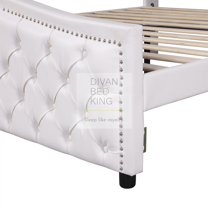 4FT6 Double Royal White Leather Winged Chesterfield Bed Frame with 2 Drawers