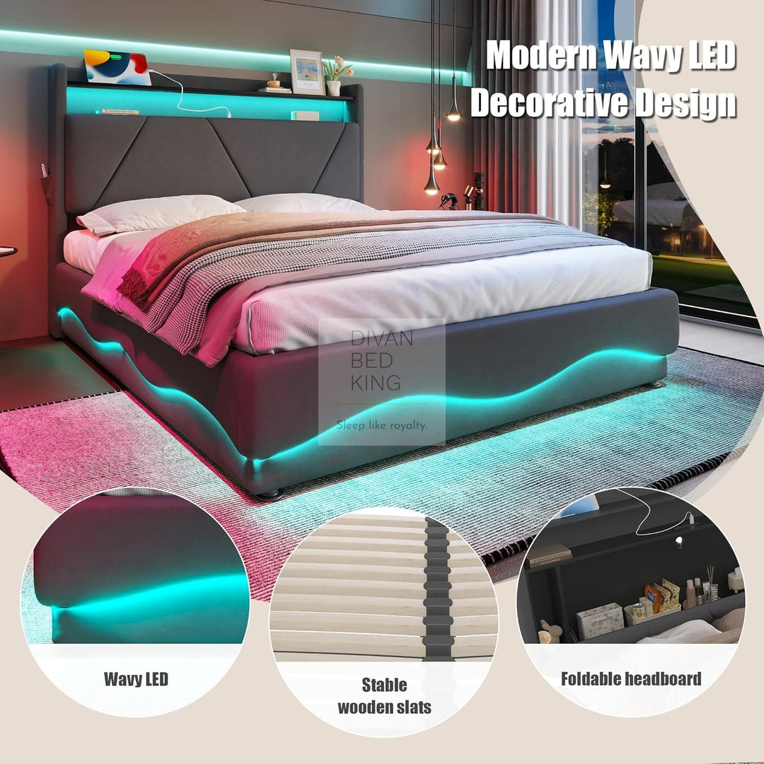 Aviana Wave LED Grey Velvet Ottoman Storage Bed Frame with USB Type C Charging Station on Headboard Storage Shelf