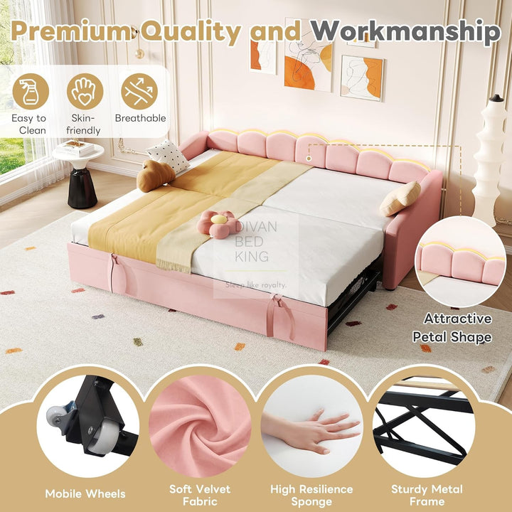 Elina Pink Plush Velvet Trundle Guest Sofa Bed with LED Lighting