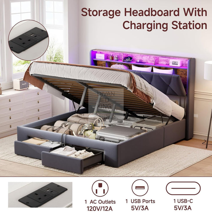 Velasquez Grey Plush Velvet Ottoman Storage Smart Bed with Type C, USB & Socket Charging Headboard Storage Shelves