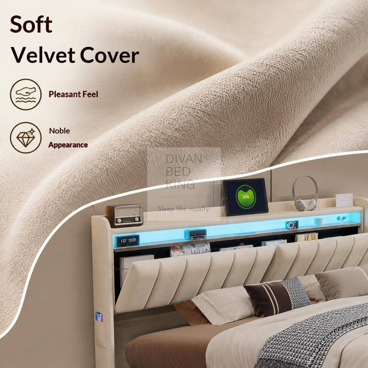 Kairi LED Beige Velvet Ottoman Storage Smart Bed with USB Type C Charging Station on Headboard Storage Shelf