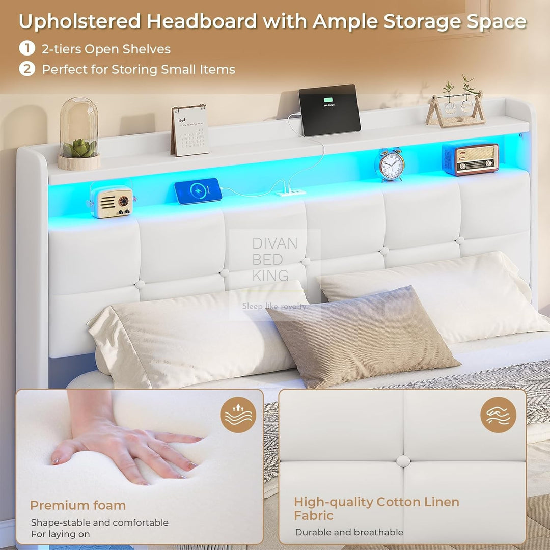 Harleigh Smart Metal Floating Bed with Off-White Padded Storage Headboard, LED Lights, Plug Sockets, USB & Type C Charging Station