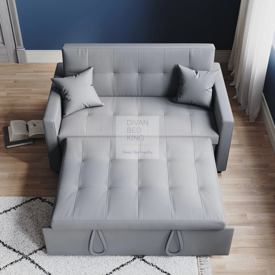 Santana Light Grey Leather Daybed Sofa Bed Couch with Sidepockets & 2 Matching Pillows