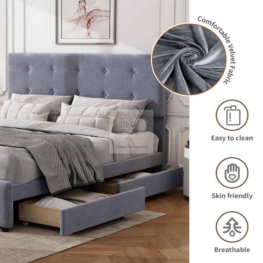 Serava Grey Plush Velvet 4 Drawer Bed with Adjustable Headboard