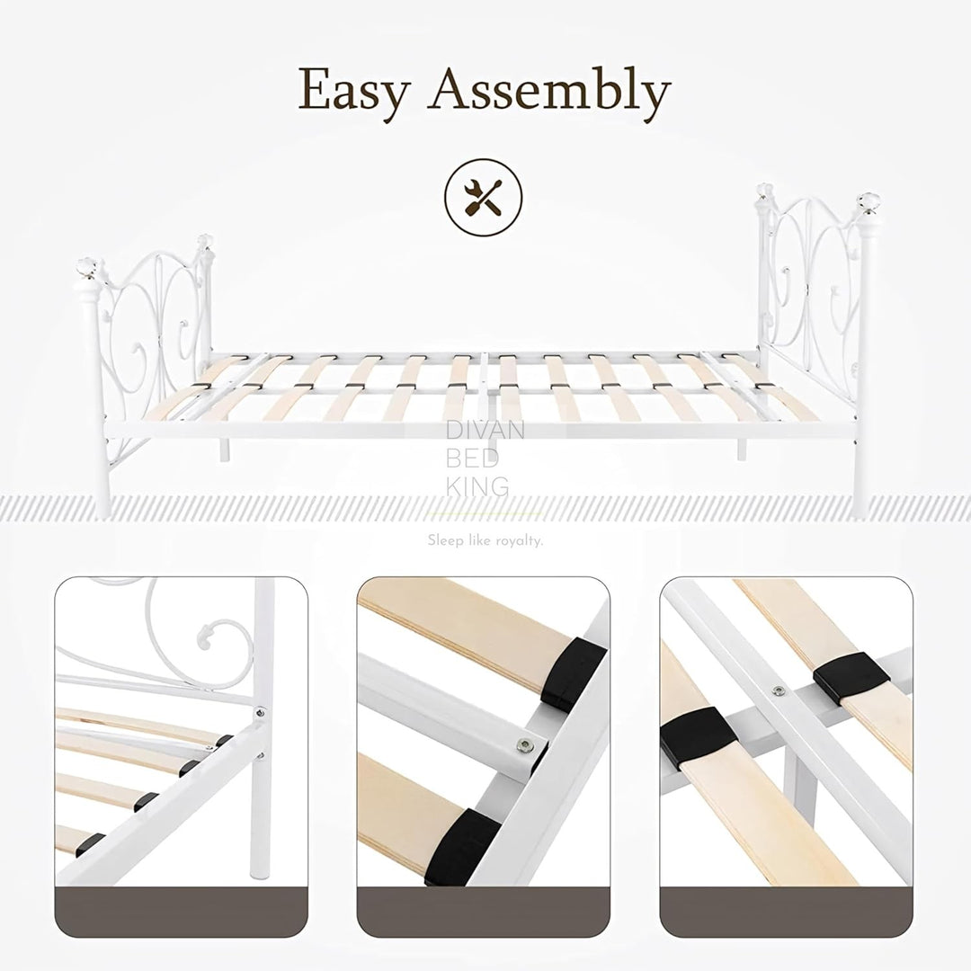 Rosella Crystal Finial White Metal Bed with Footboard and Optional Drawers