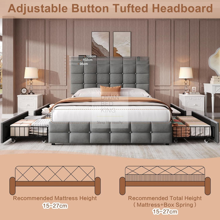 Vicente 4 Drawer Soft Grey Velvet Bed with Type C and USB Charging Adjustable Headboard Shelf