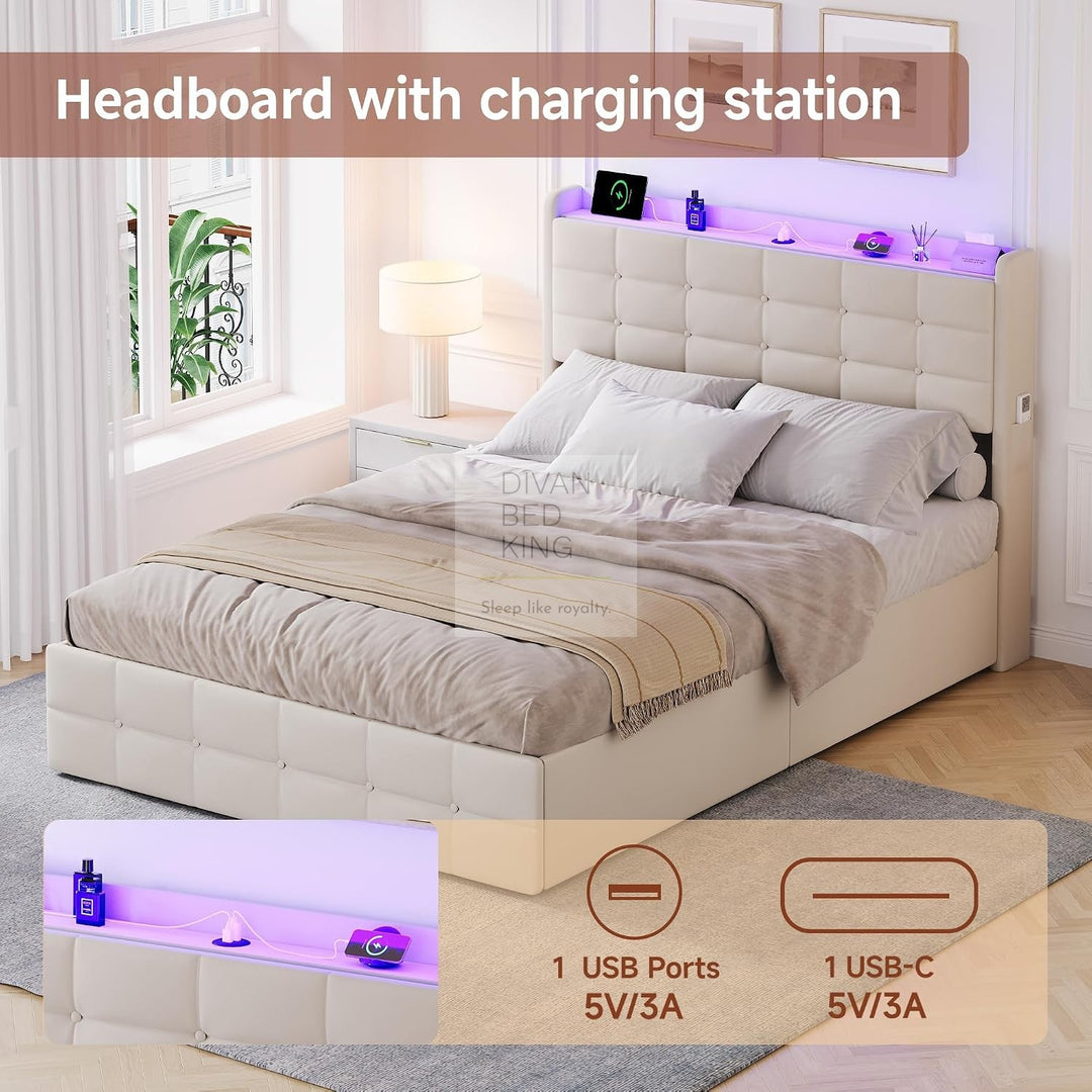 Vicente 4 Drawer Soft Beige Velvet Bed with LED Lights, Type C and USB Charging Adjustable Headboard Shelf