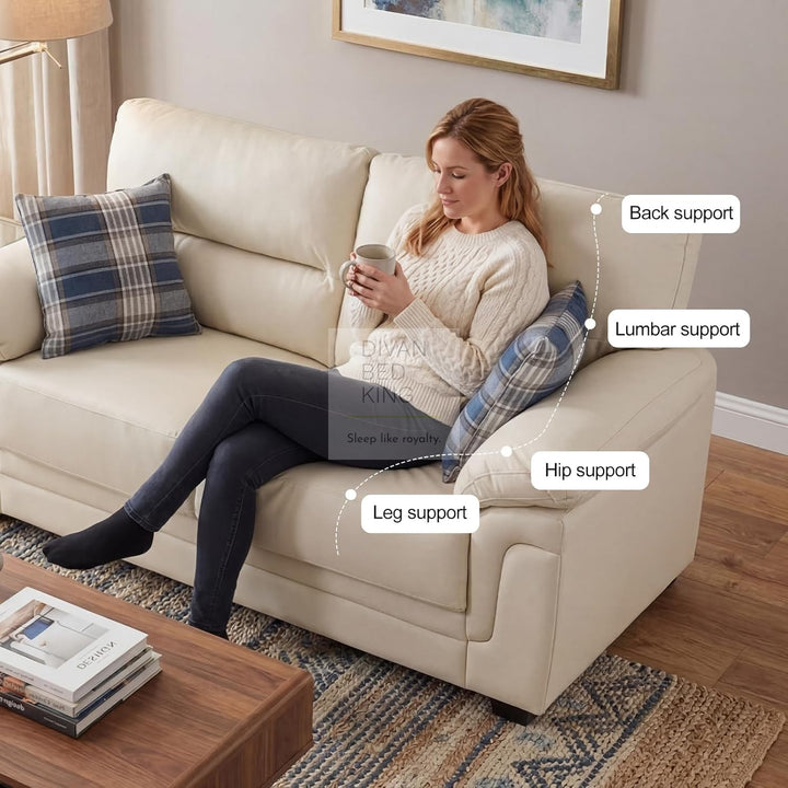 Delgado Luxury Beige Leather Sofa Couch Settee with Pocket Spring & Reflex Foam Support