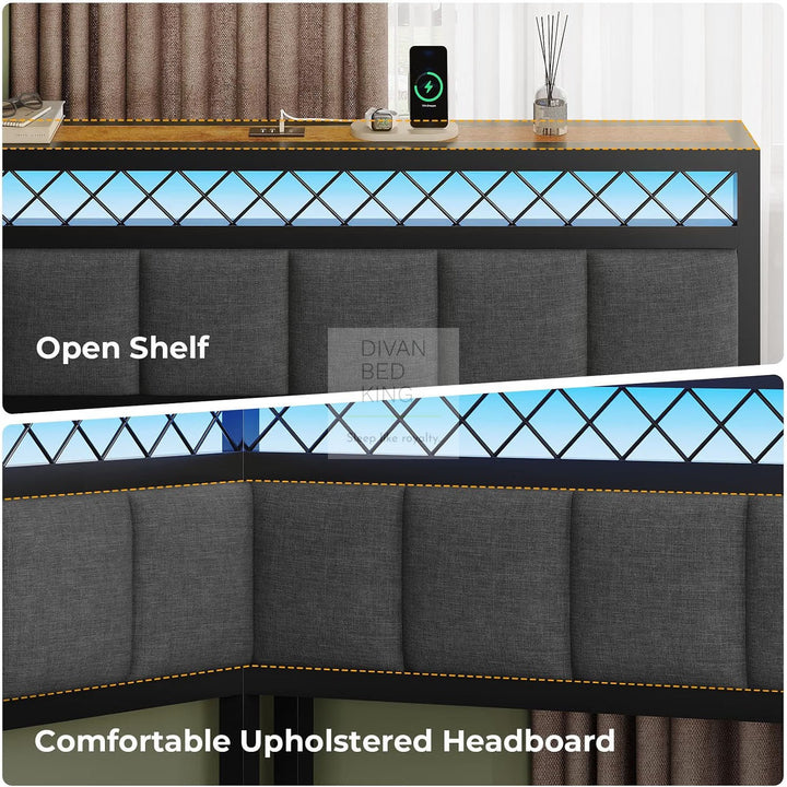 Giomani Grey Linen 2 Drawer Low Smart Sofa Bed Daybed with LED Lights, USB & Type C Charging Station
