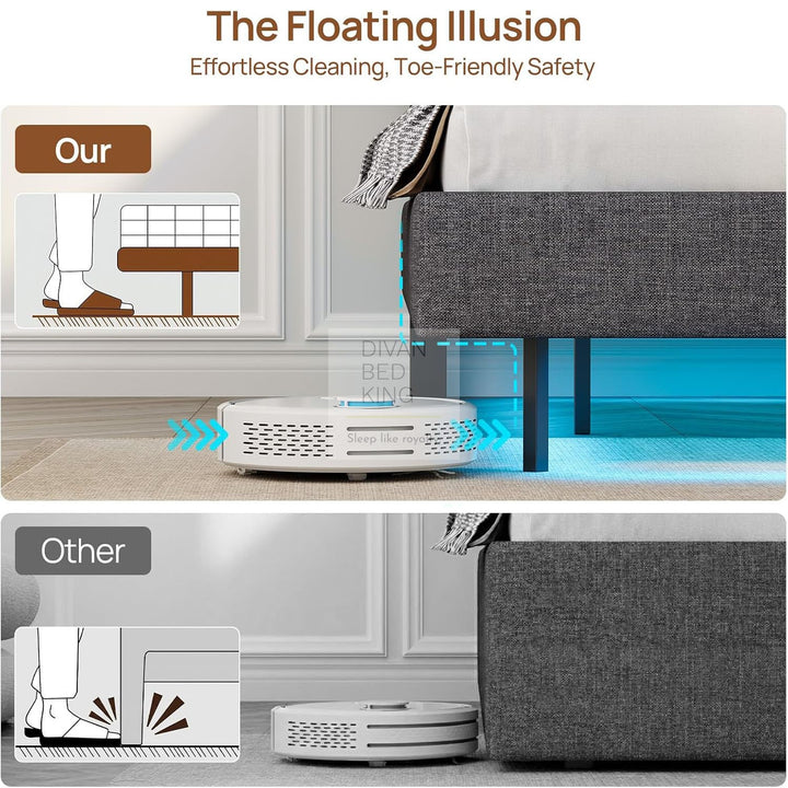 Houston Smart Metal Floating Bed with Grey Linen Padded Storage Headboard, LED Lights, USB & Type C Charging Station