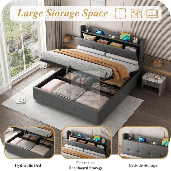 Serafina Grey Leather Ottoman Smart Bed with LED Headboard Storage Charging Station, USB, Type-C Ports