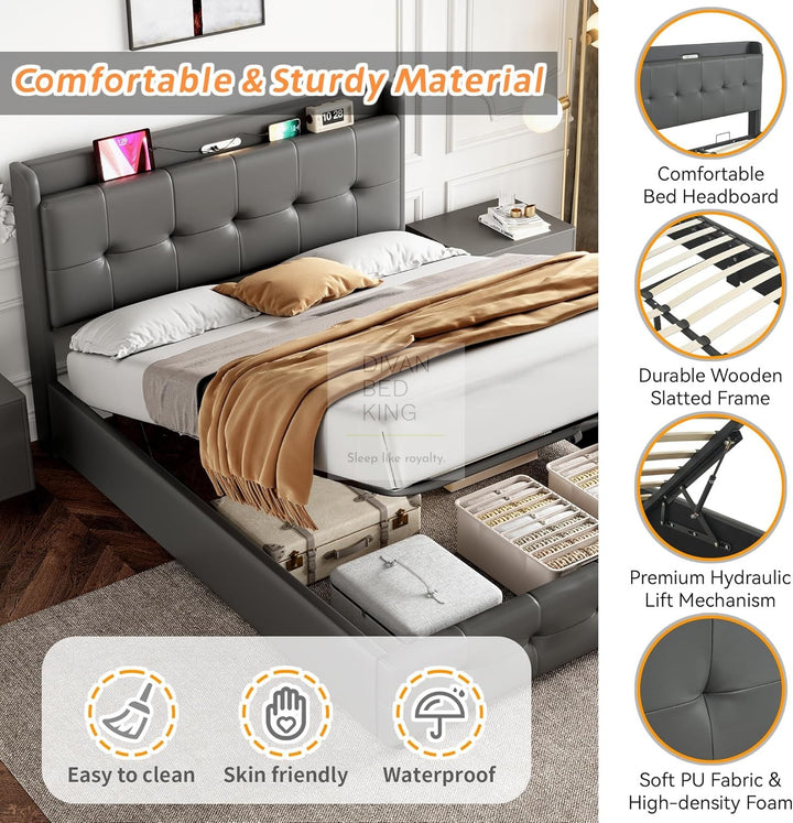 Serafina Grey Leather Ottoman Bed with Headboard Storage + USB + Type C Charging