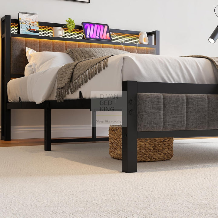 Vicenza Metal Bed Frame with LED Grey Linen Headboard, Shelves, Power Outlet, USB Charging & Optional Drawers
