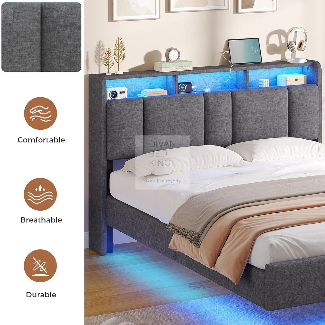 Everleigh Grey Linen Floating Bed Frame with Padded Storage Headboard, LED Lights, USB & Type-C Charging Station