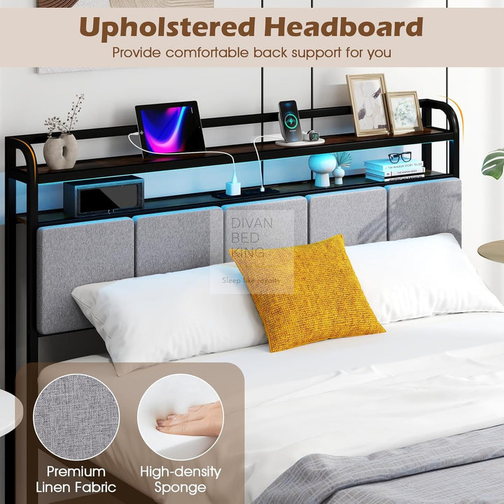 Henry Off-White Grey Linen Metal Smart Bed with 4 Optional Drawers with Headboard Shelves, LED, USB, Type-C Ports and Power Outlets