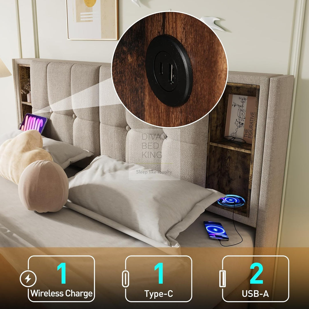 Guevara Beige Cream Linen Ottoman Storage Bed with Type C, USB & Wireless Charging Headboard Shelves