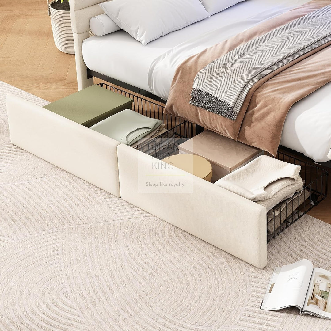 Avayah Beige Linen Smart Daybed Sofa Bed with 2 Drawers, LED Shelves Storage, USB & Type C Charging Station & Storage Box