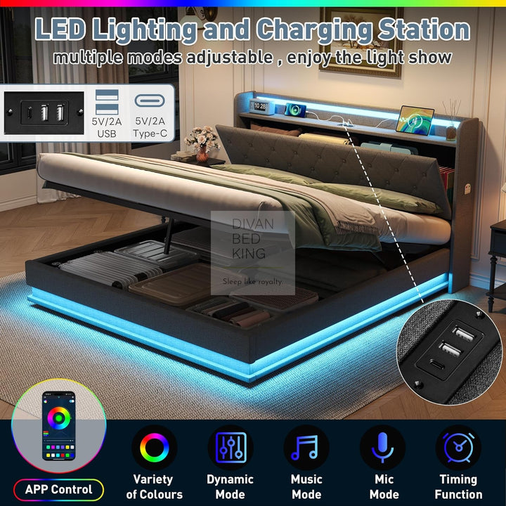 Castello Grey Linen Ottoman Storage Bed with LED Lights, Type C and USB Charging Headboard Storage Shelf