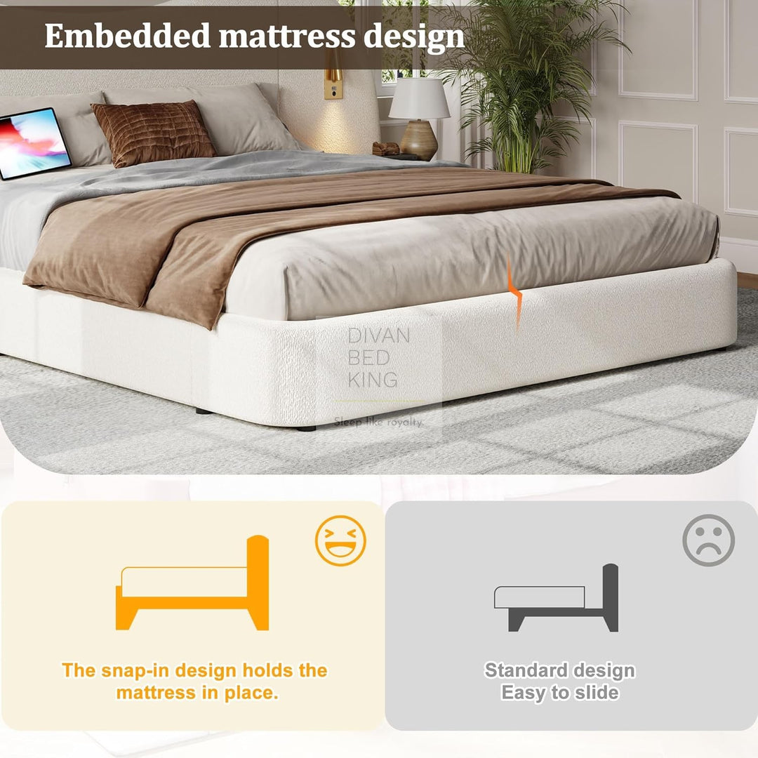 Peralta Oversized Headboard White Boucle Teddy Ottoman Storage Bed with USB Ports and Adjustable Lights