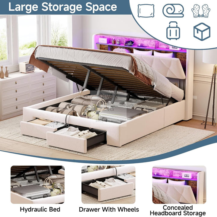 Velasquez Beige Plush Velvet Ottoman Storage Smart Bed with Type C, USB & Socket Charging Headboard Storage Shelves